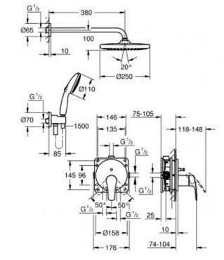 Grohe Eurosmart rejtett zuhanyszerndszer Tempesta 250 fejzuhannyal (kerek forma)